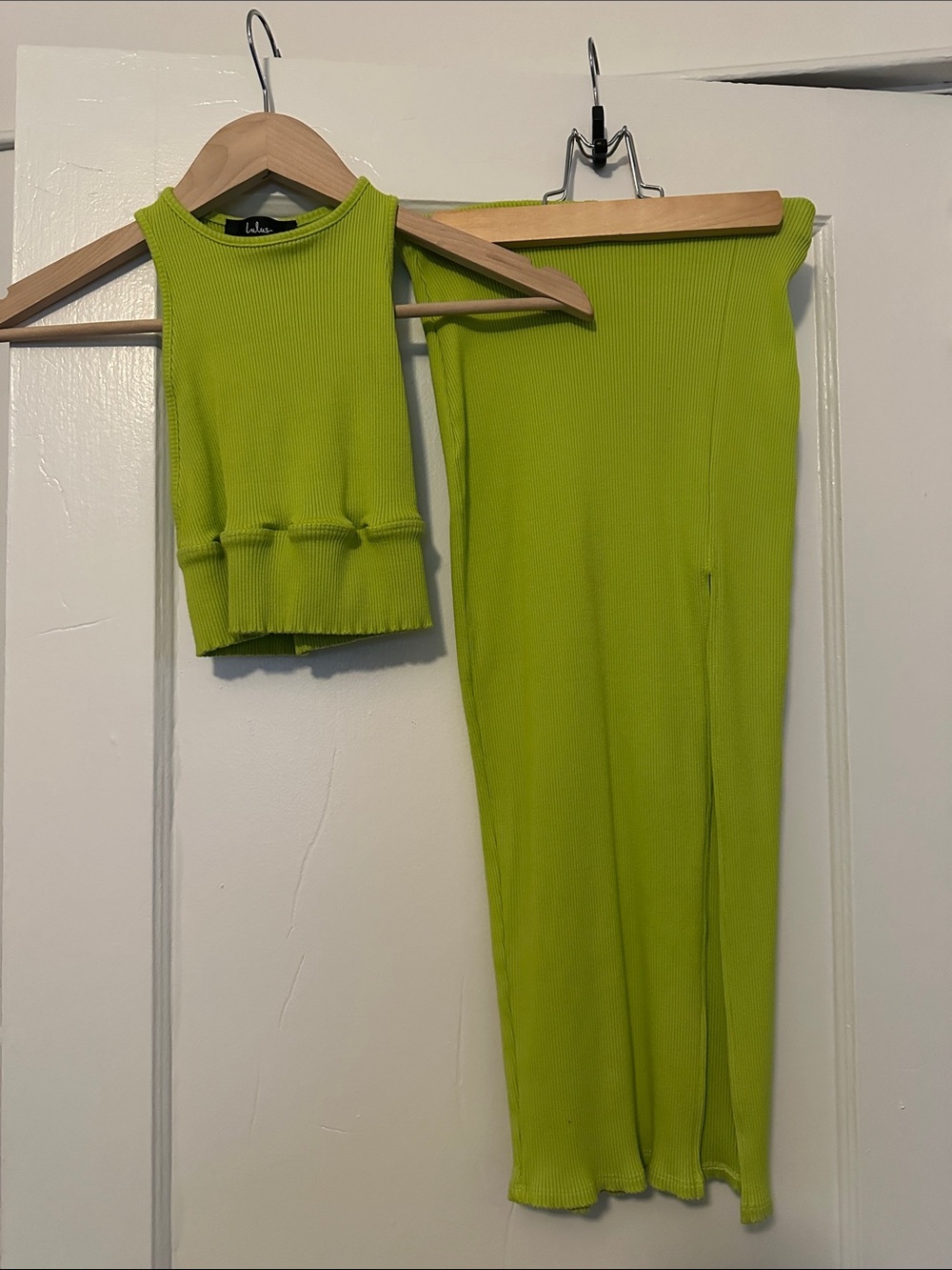 Lulu's Neon Lime Ribbed Crop Tank & Midi Skirt Two-Piece Set